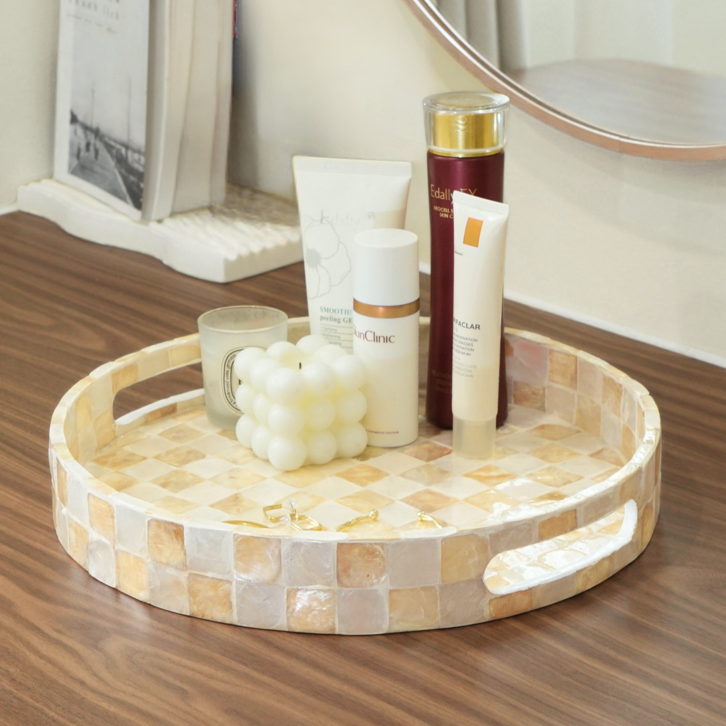 Capiz Checkered Decorative Round Tray - Ivory