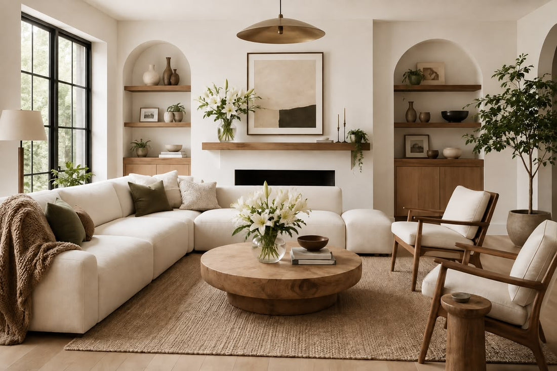 Bright organic modern living room with cream modular sectional, round wood coffee table, arched shelving niches, and white lilies in warm neutral tones