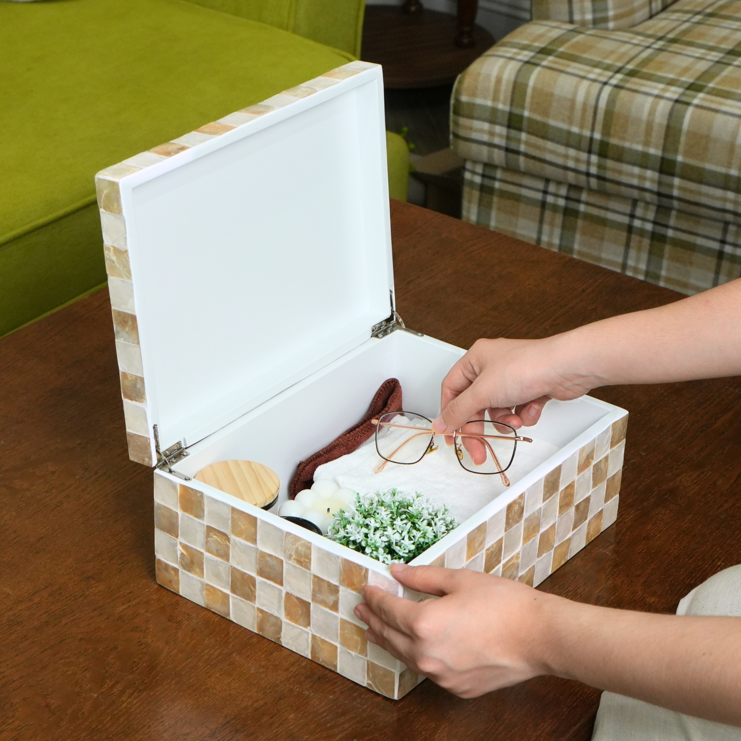 Set of 2 Rectangular Checkered Capiz Shell Storage Boxes Ivory
