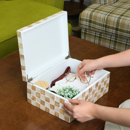 Set of 2 Rectangular Checkered Capiz Shell Storage Boxes Ivory