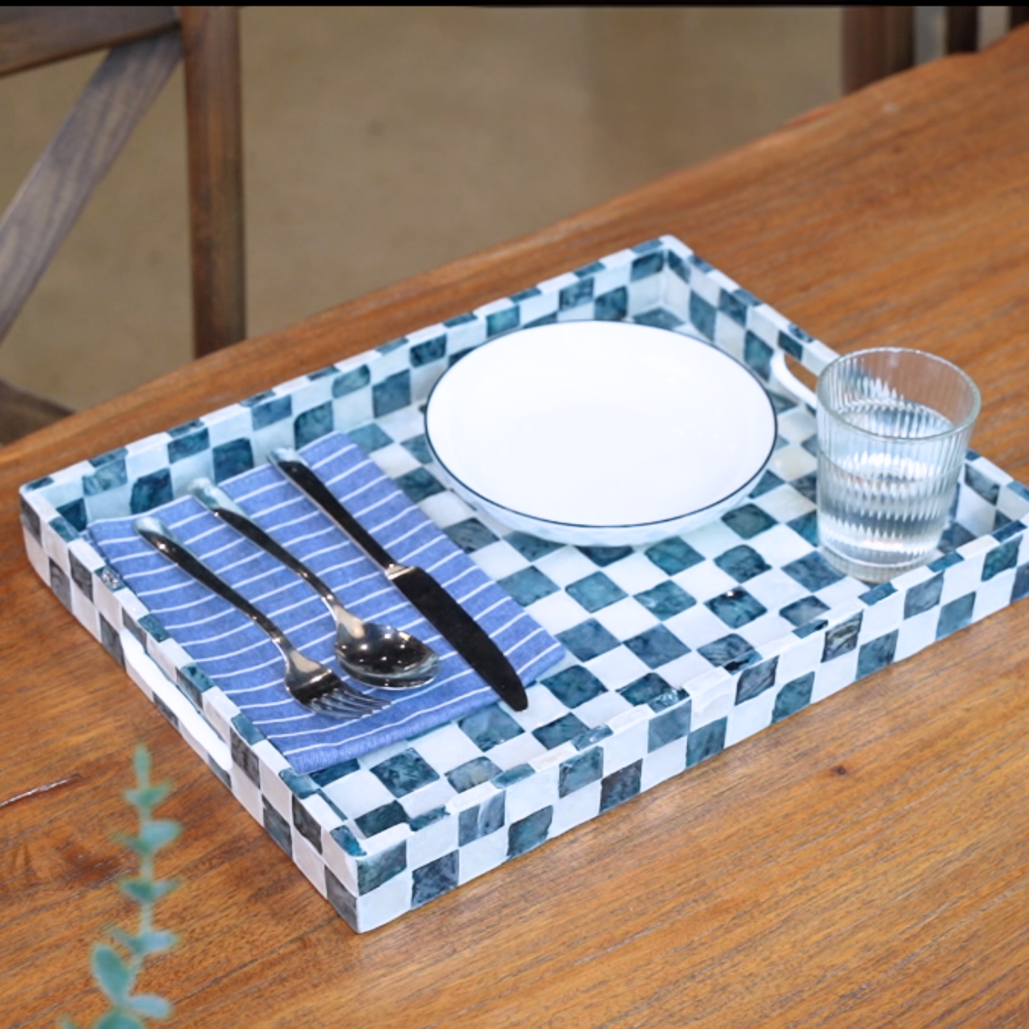 Capiz Shell Rectangular Serving Tray Navy Blue Checkered
