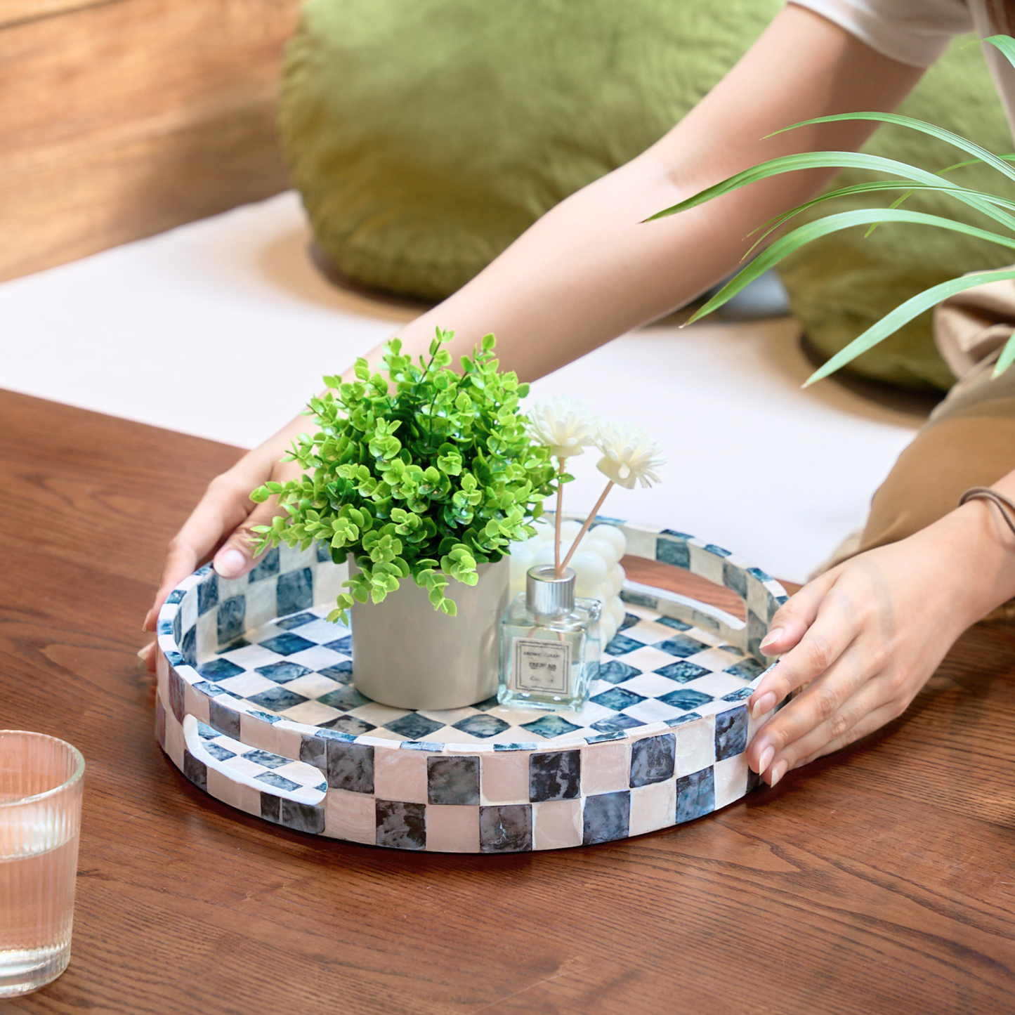 Round Navy Blue Checkered Capiz Shell Tray