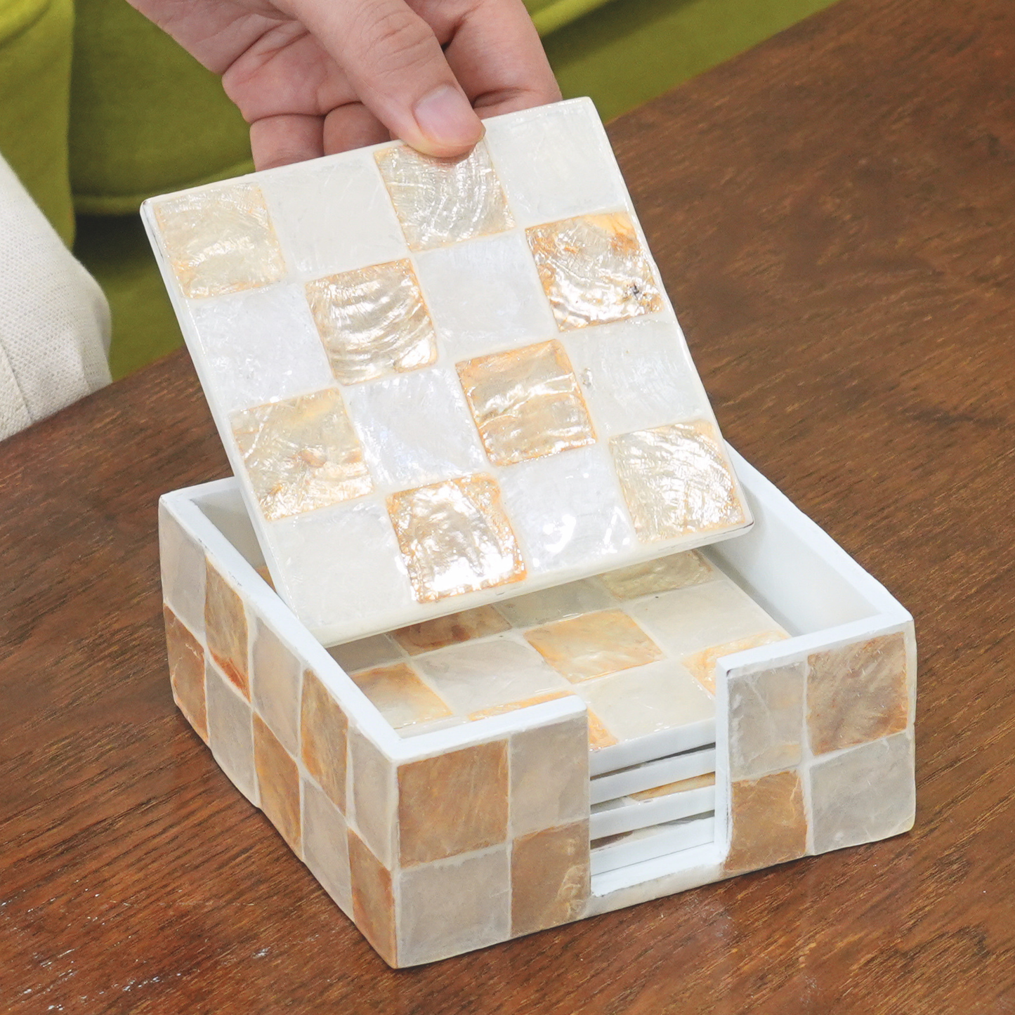 Set of 6 Capiz Checkered Square Coasters with Holder - Ivory