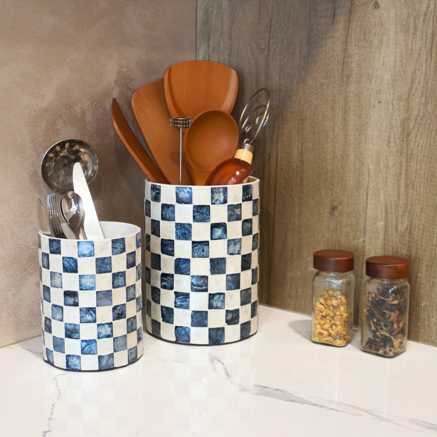 Set of 2 Capiz Checkered Utensil Holder - Navy Blue
