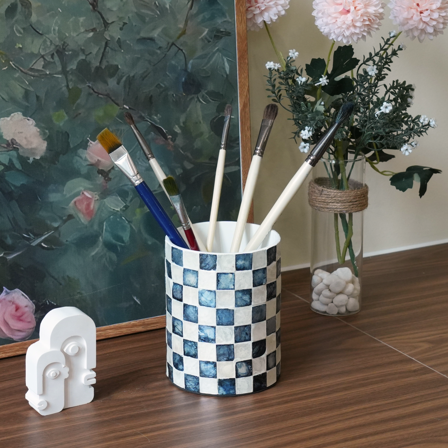 Set of 2 Capiz Checkered Utensil Holder - Navy Blue