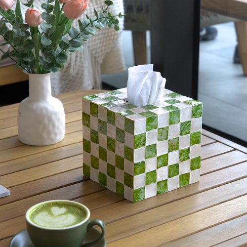5.9" Checkered Square Tissue Box Cover, Pistachio Green