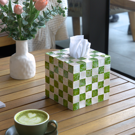 5.9" Checkered Square Tissue Box Cover, Pistachio Green