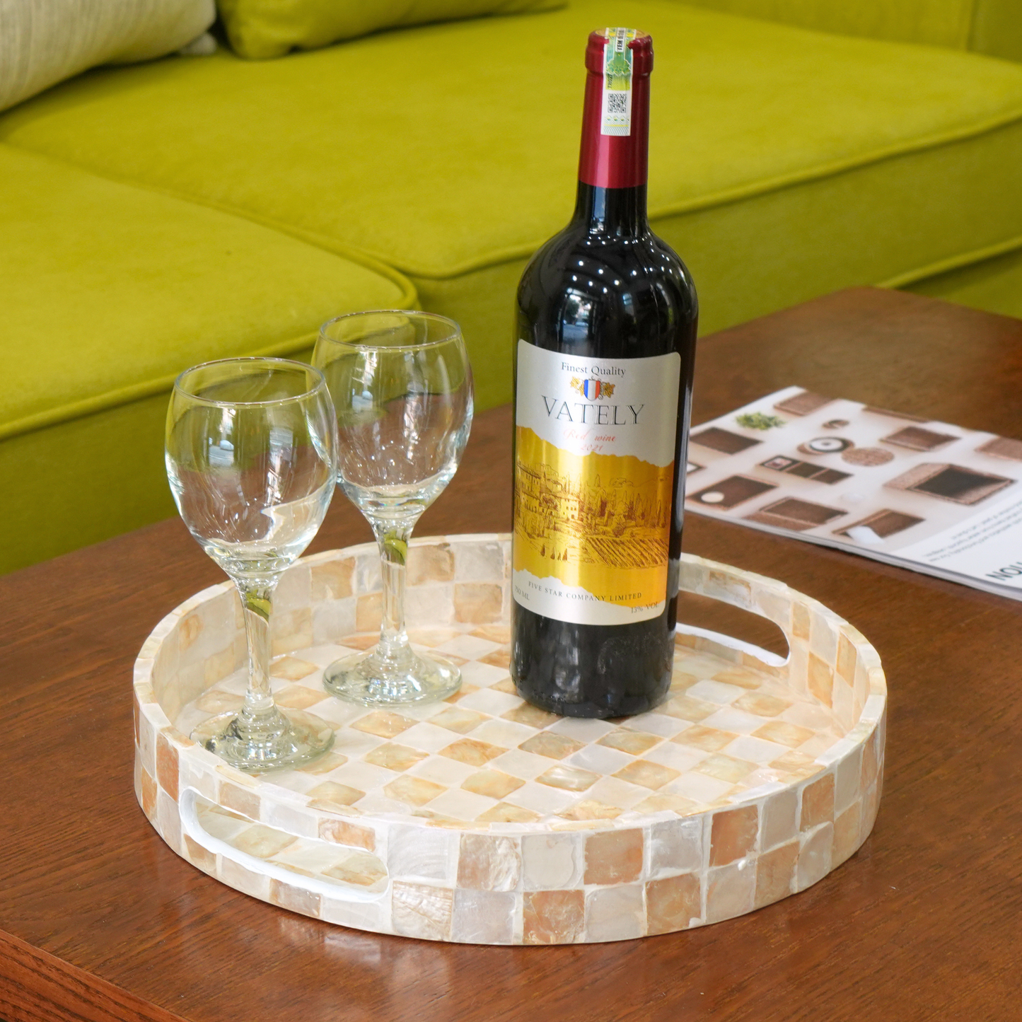 Capiz Checkered Decorative Round Tray - Ivory
