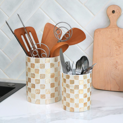 Set of 2 Capiz Checkered Utensil Holder - Ivory