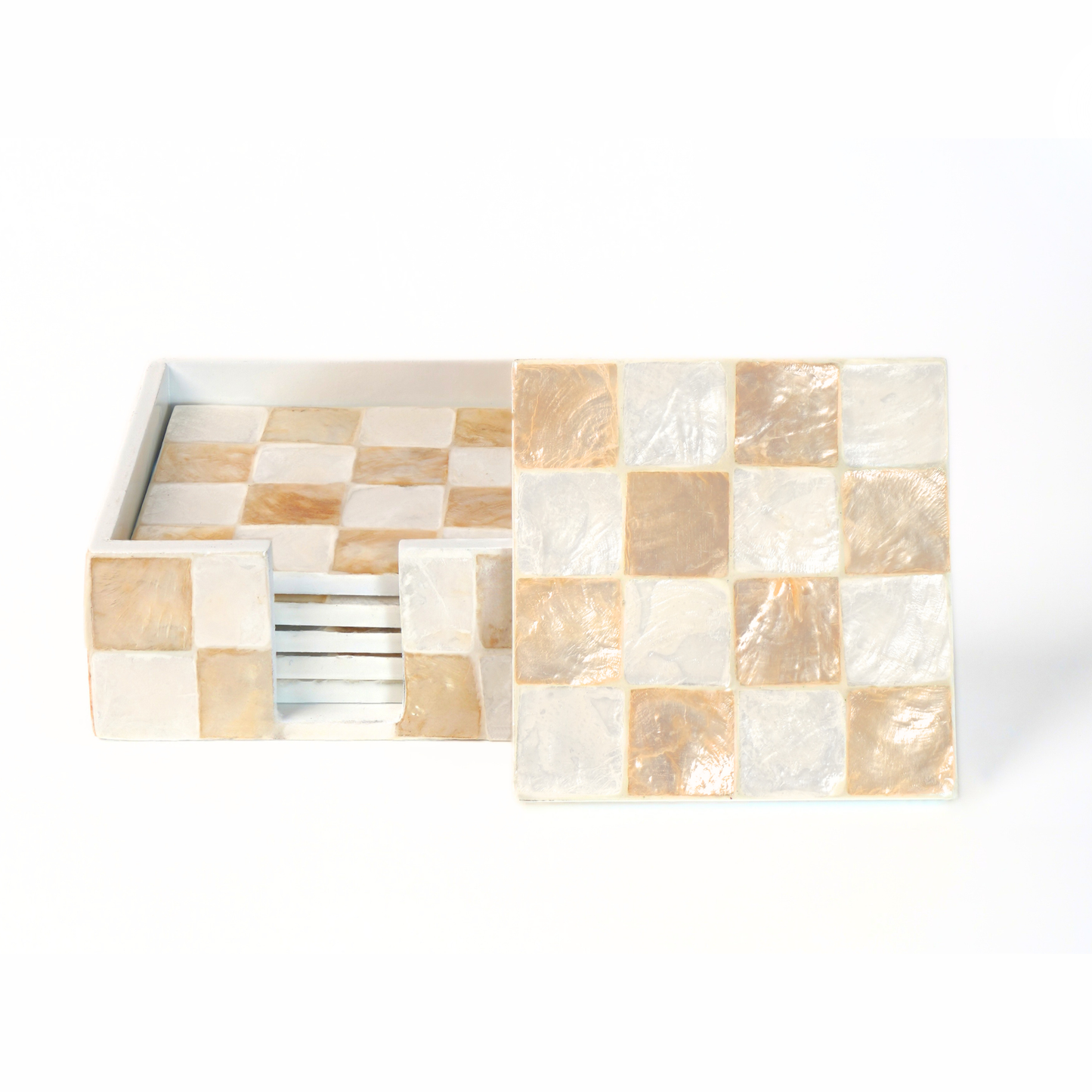 Set of 6 Capiz Checkered Square Coasters with Holder - Ivory