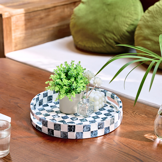 Round Navy Blue Checkered Capiz Shell Tray
