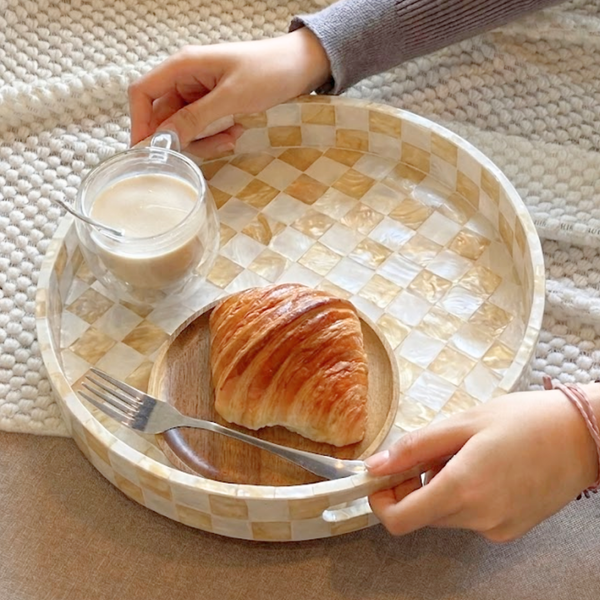 Capiz Checkered Decorative Round Tray - Ivory