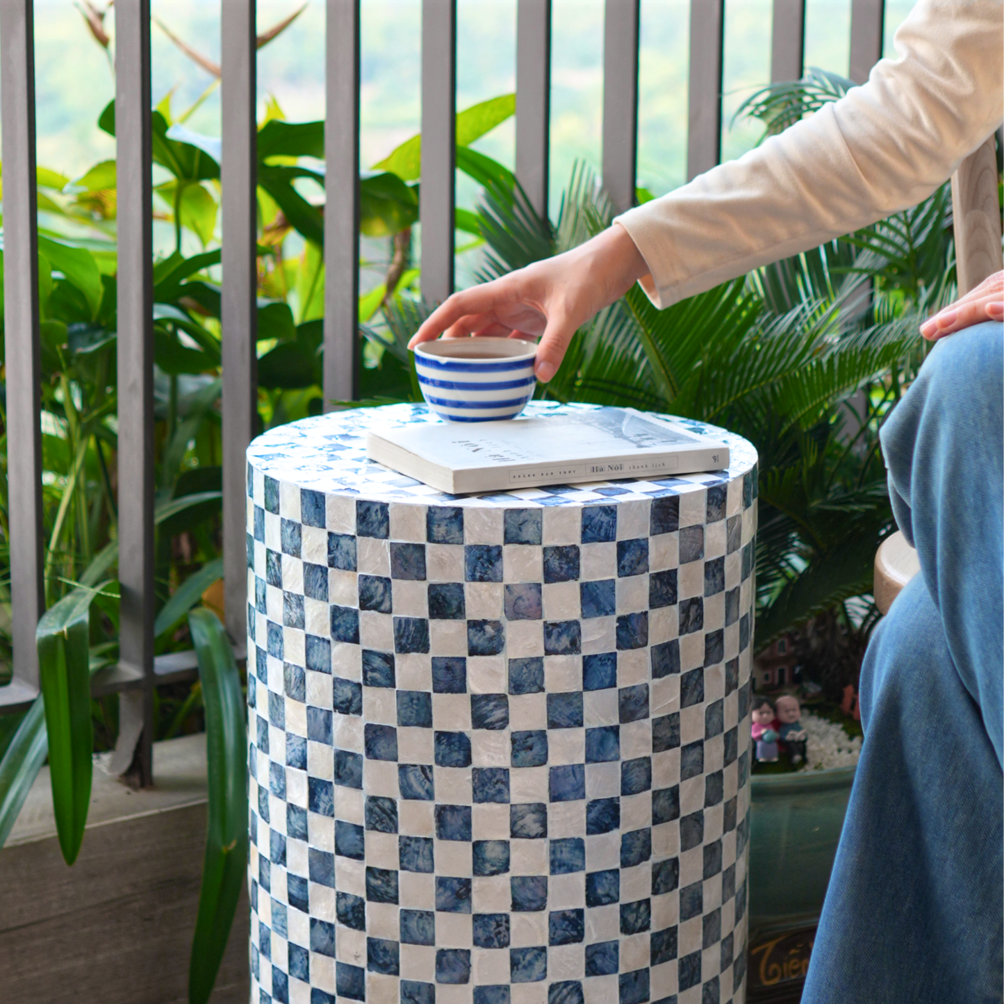 Cylindrical Capiz Side Table - Navy Blue