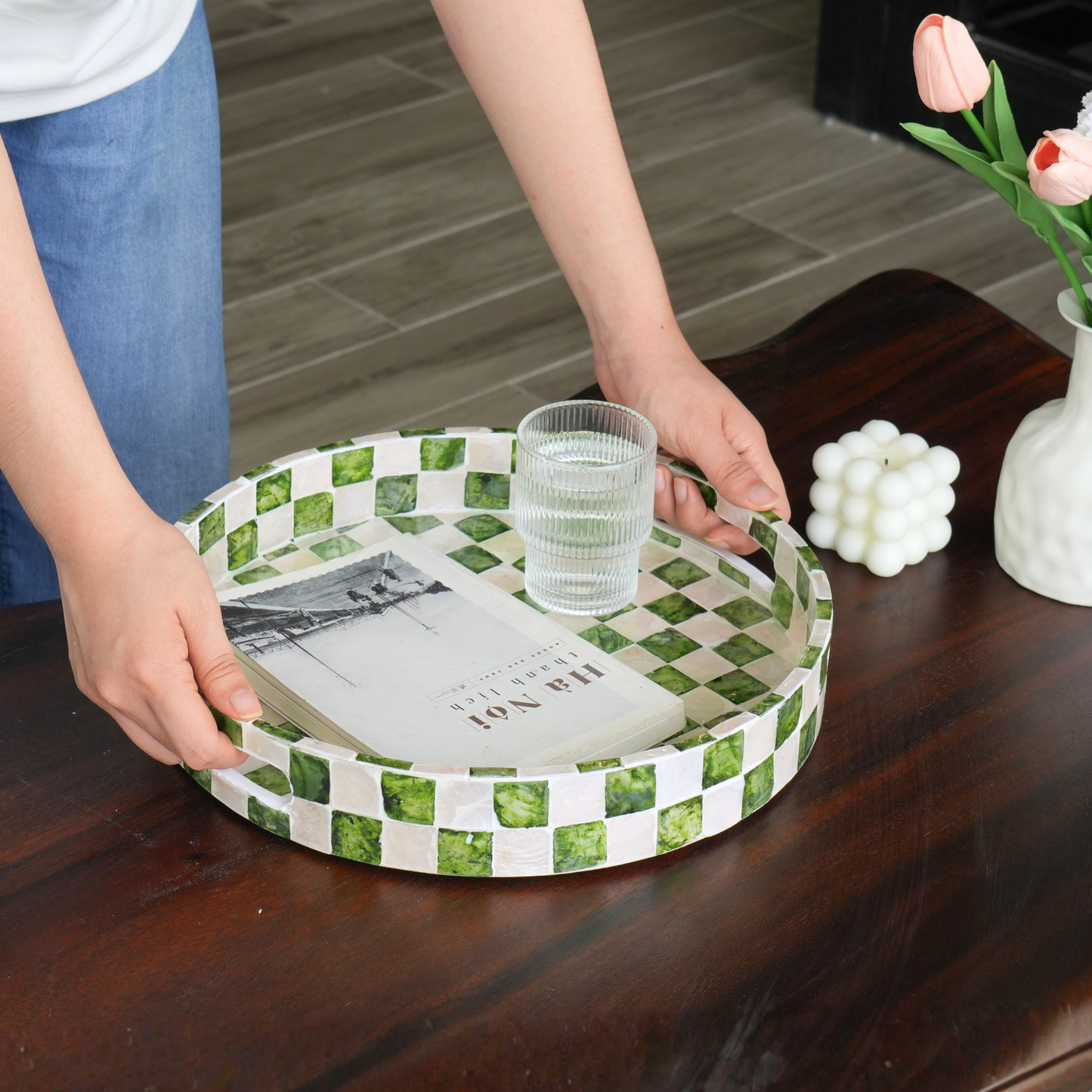 Capiz Round Checkered Tray - Pistachio Green