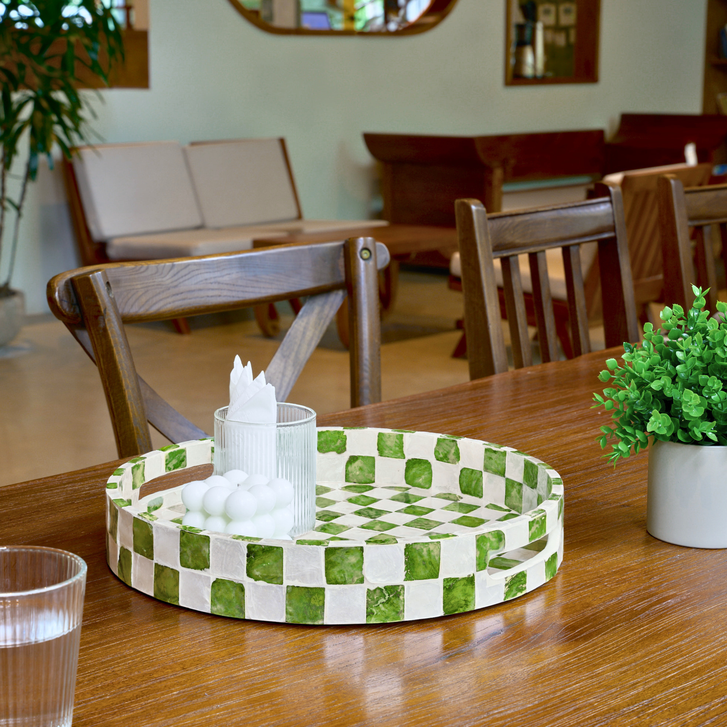 Capiz Round Checkered Tray - Pistachio Green
