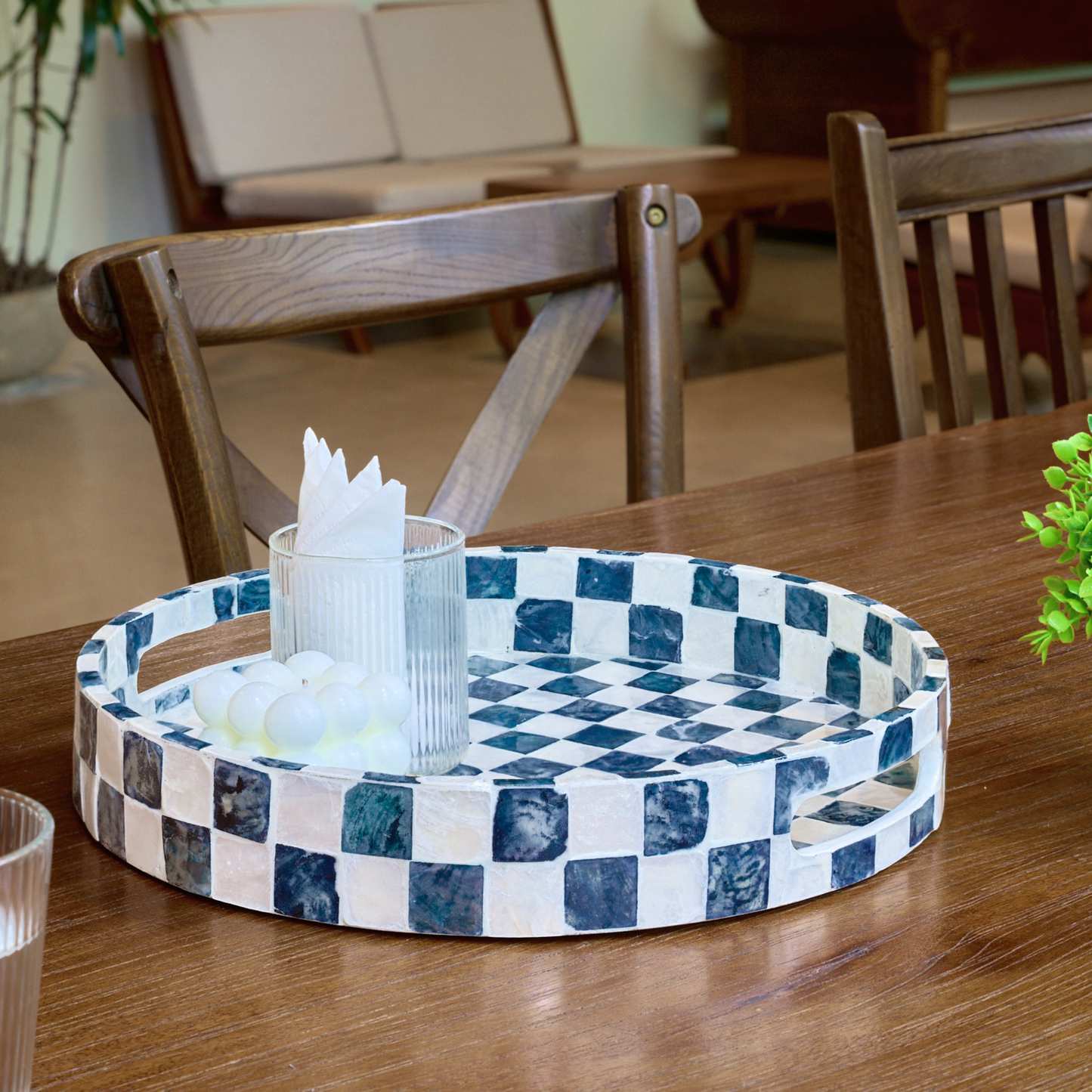 Round Navy Blue Checkered Capiz Shell Tray
