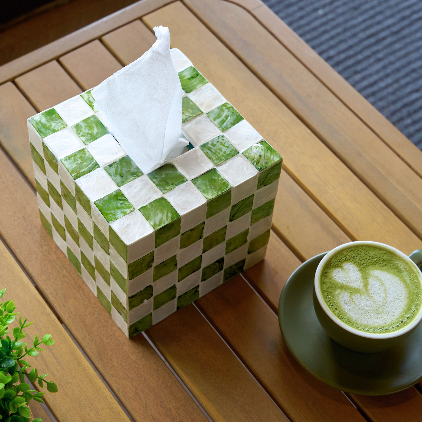 5.9" Checkered Square Tissue Box Cover, Pistachio Green