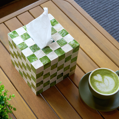 5.9" Checkered Square Tissue Box Cover, Pistachio Green
