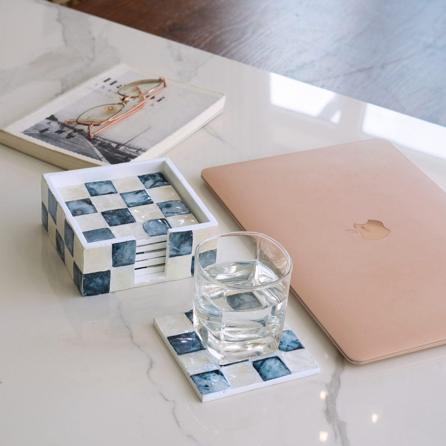 Set of 6 Capiz Checkered Square Coasters with Holder - Navy Blue