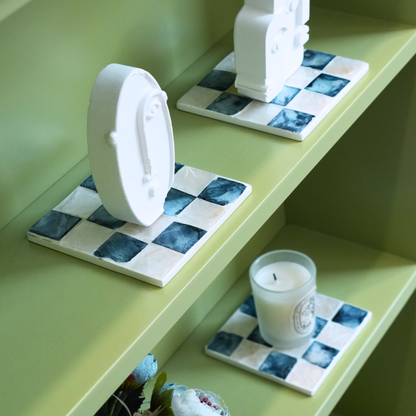 Set of 6 Capiz Checkered Square Coasters with Holder - Navy Blue