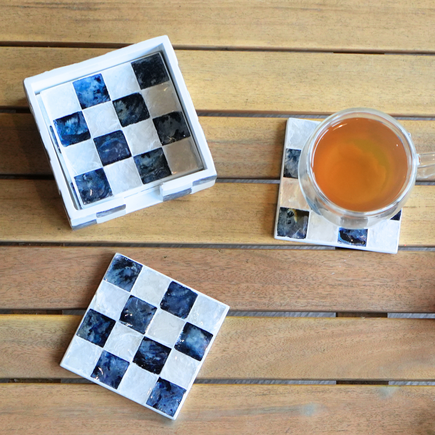 Set of 6 Capiz Checkered Square Coasters with Holder - Navy Blue