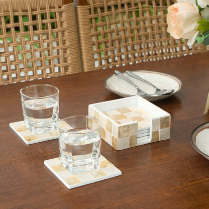 Set of 6 Capiz Checkered Square Coasters with Holder - Ivory