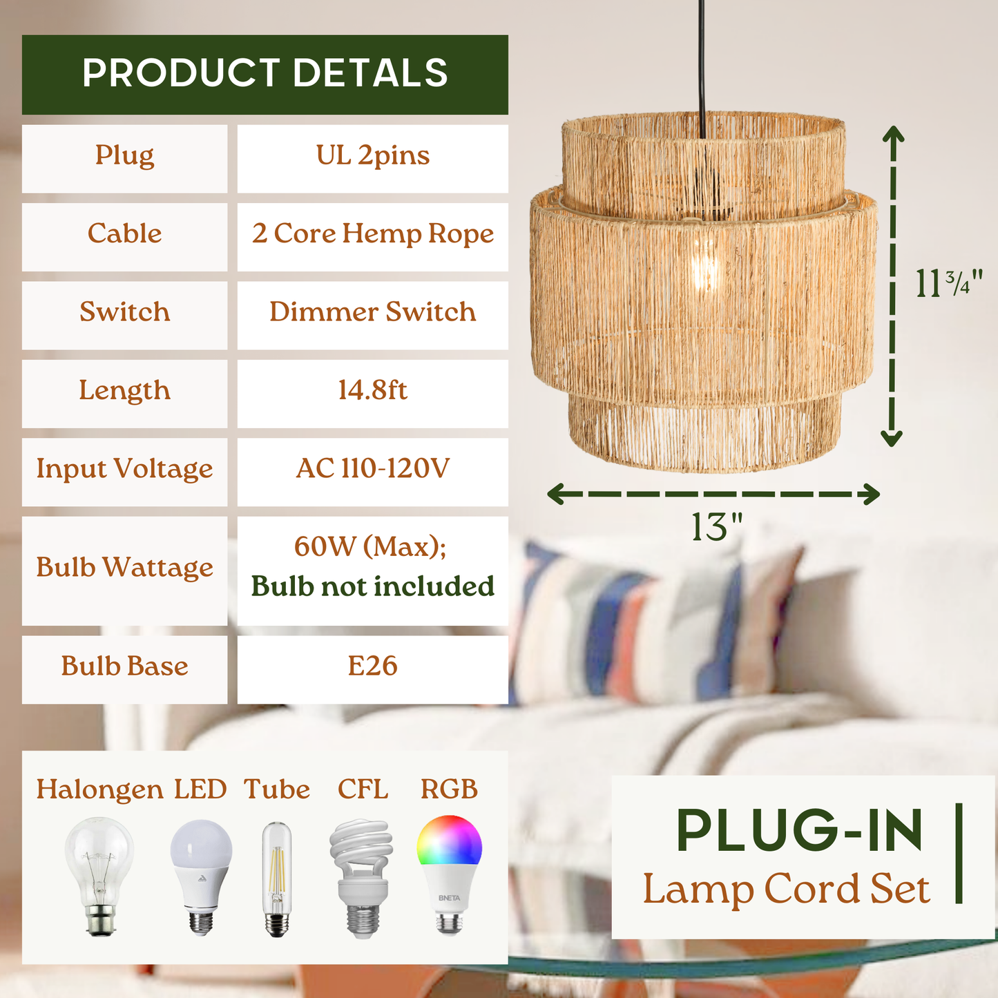 Plug-in Jute Pendant Light