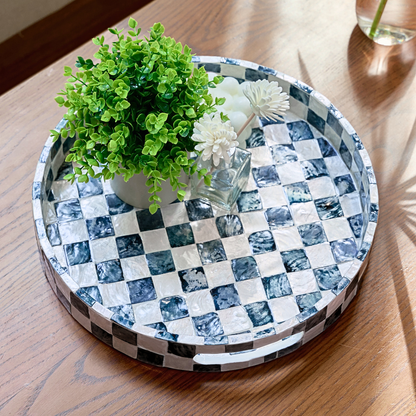 Round Navy Blue Checkered Capiz Shell Tray