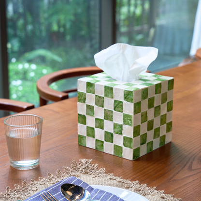 5.9" Checkered Square Tissue Box Cover, Pistachio Green