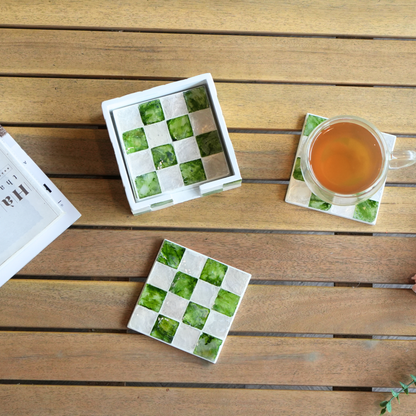 Set of 6 Square Checkered Capiz Shell Coasters with Holder - Pistachio Green