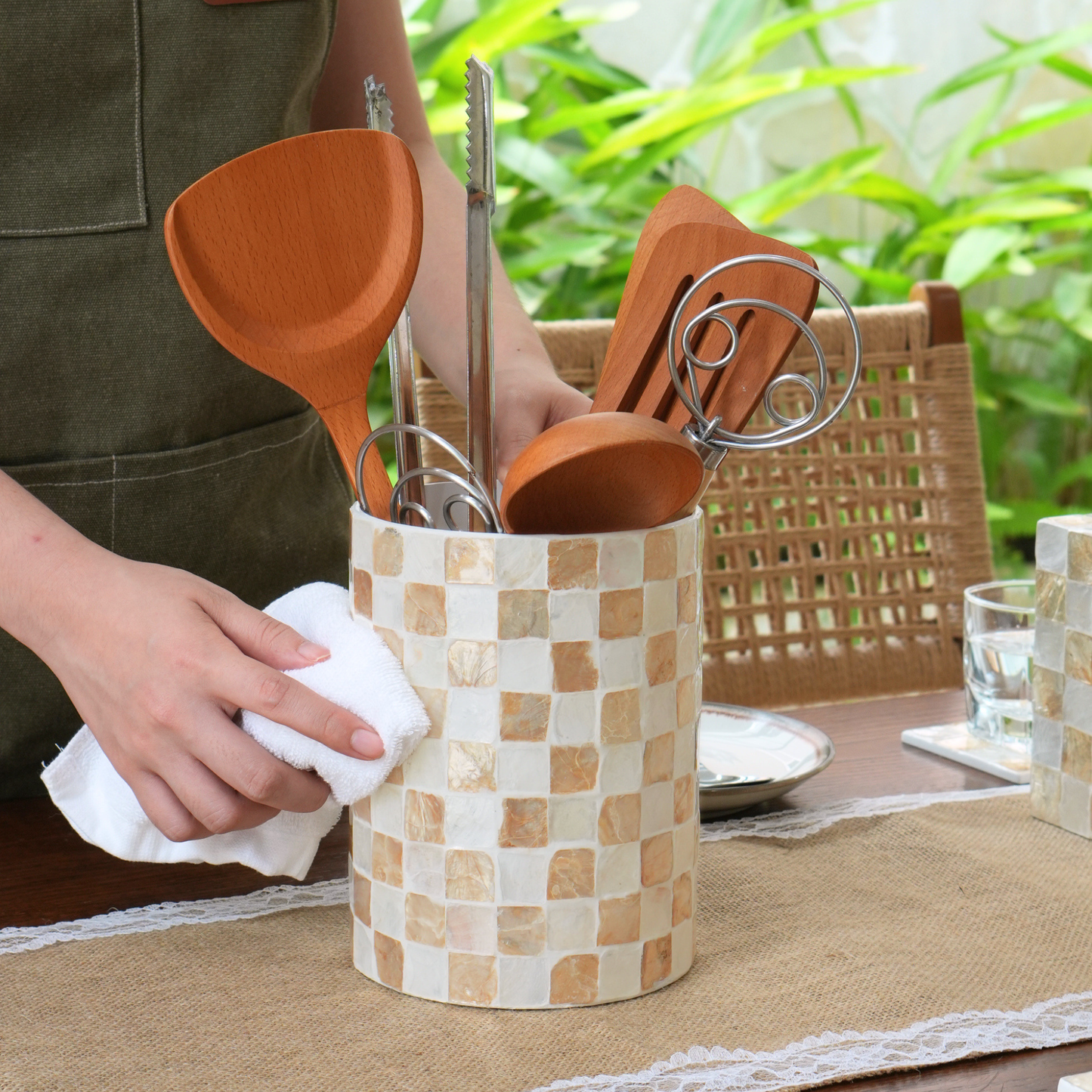 Set of 2 Capiz Checkered Utensil Holder - Ivory