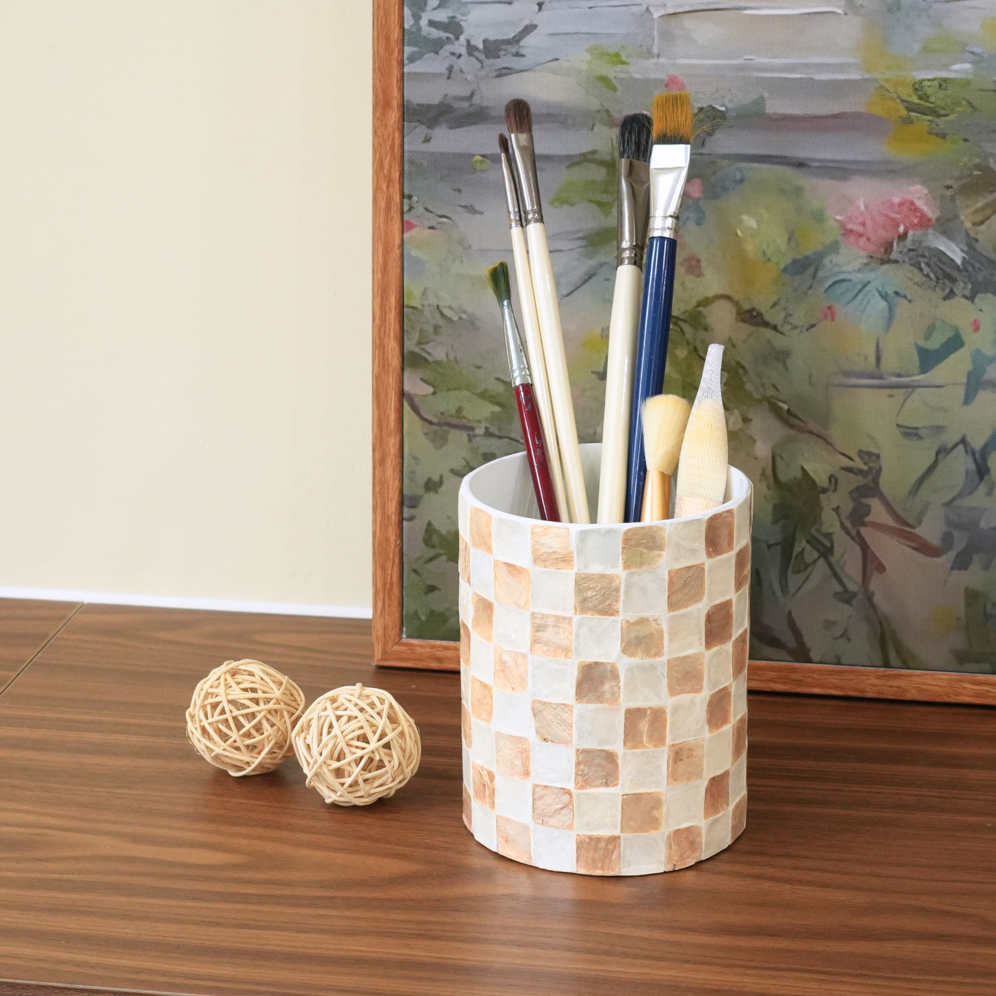Set of 2 Capiz Checkered Utensil Holder - Ivory