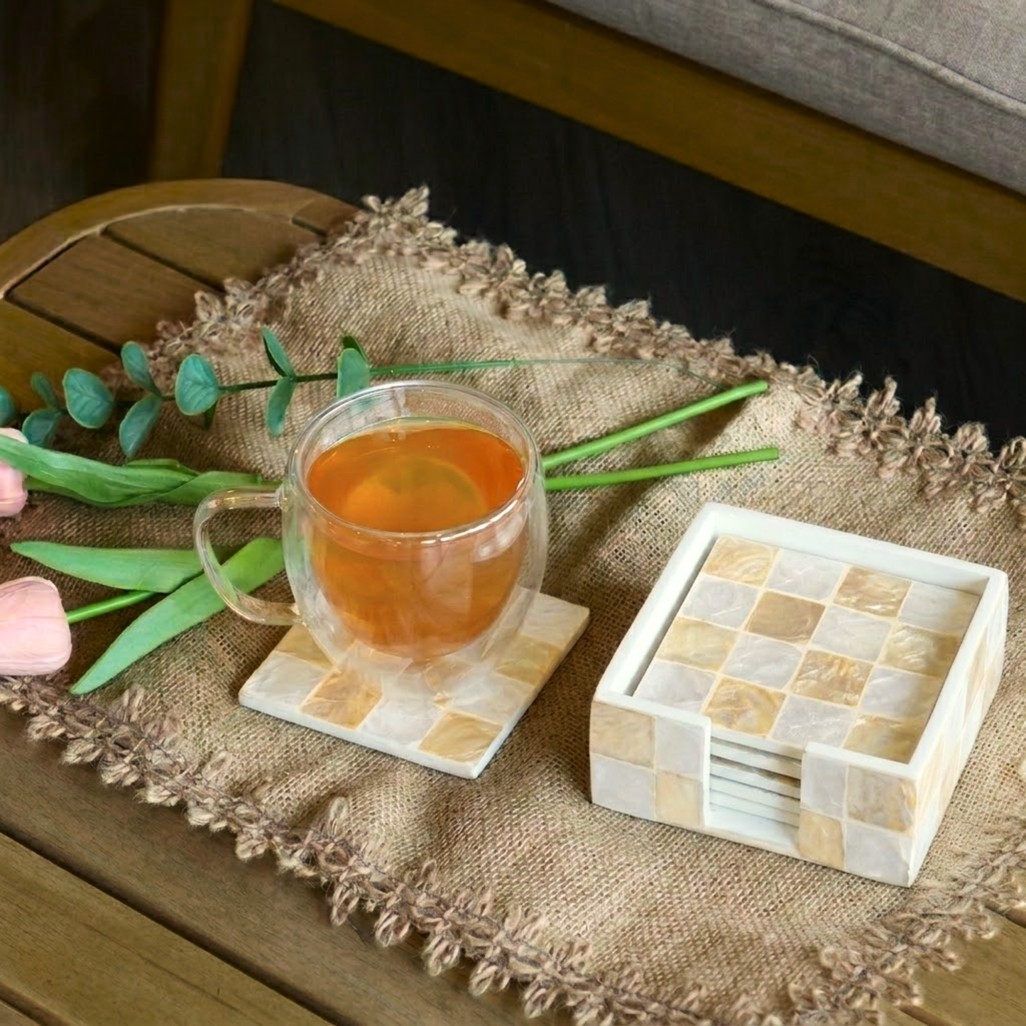 Set of 6 Capiz Checkered Square Coasters with Holder - Ivory