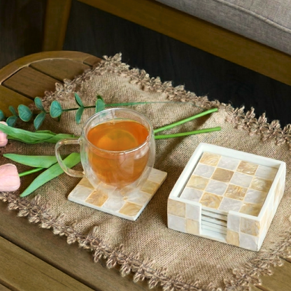 Set of 6 Capiz Checkered Square Coasters with Holder - Ivory