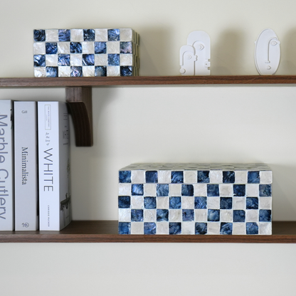 Set of 2 Checkered Capiz Decorative Boxes, Navy Blue