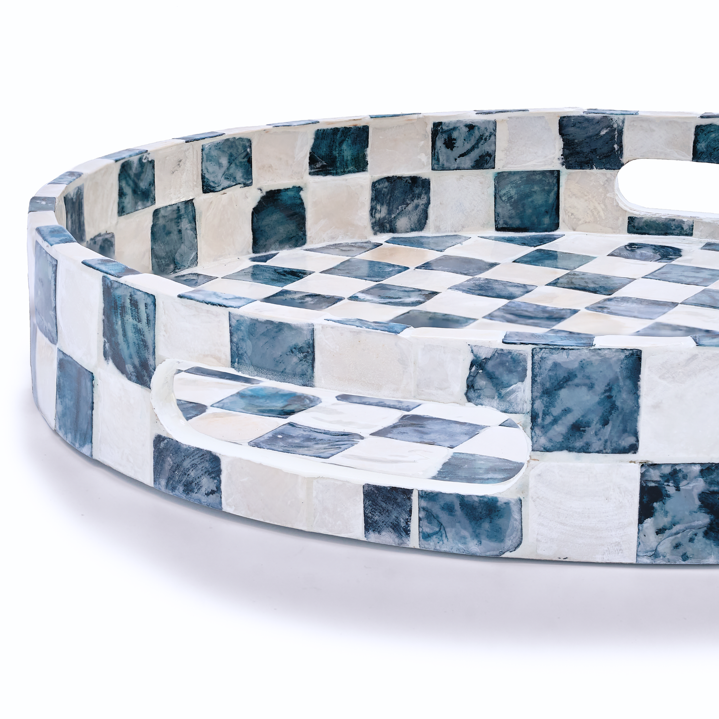 Round Navy Blue Checkered Capiz Shell Tray
