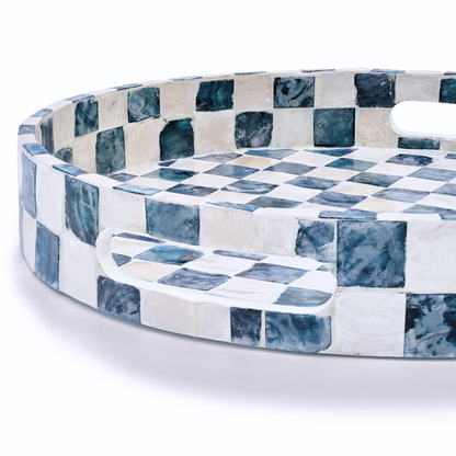 Round Navy Blue Checkered Capiz Shell Tray