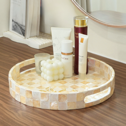Capiz Checkered Decorative Round Tray - Ivory