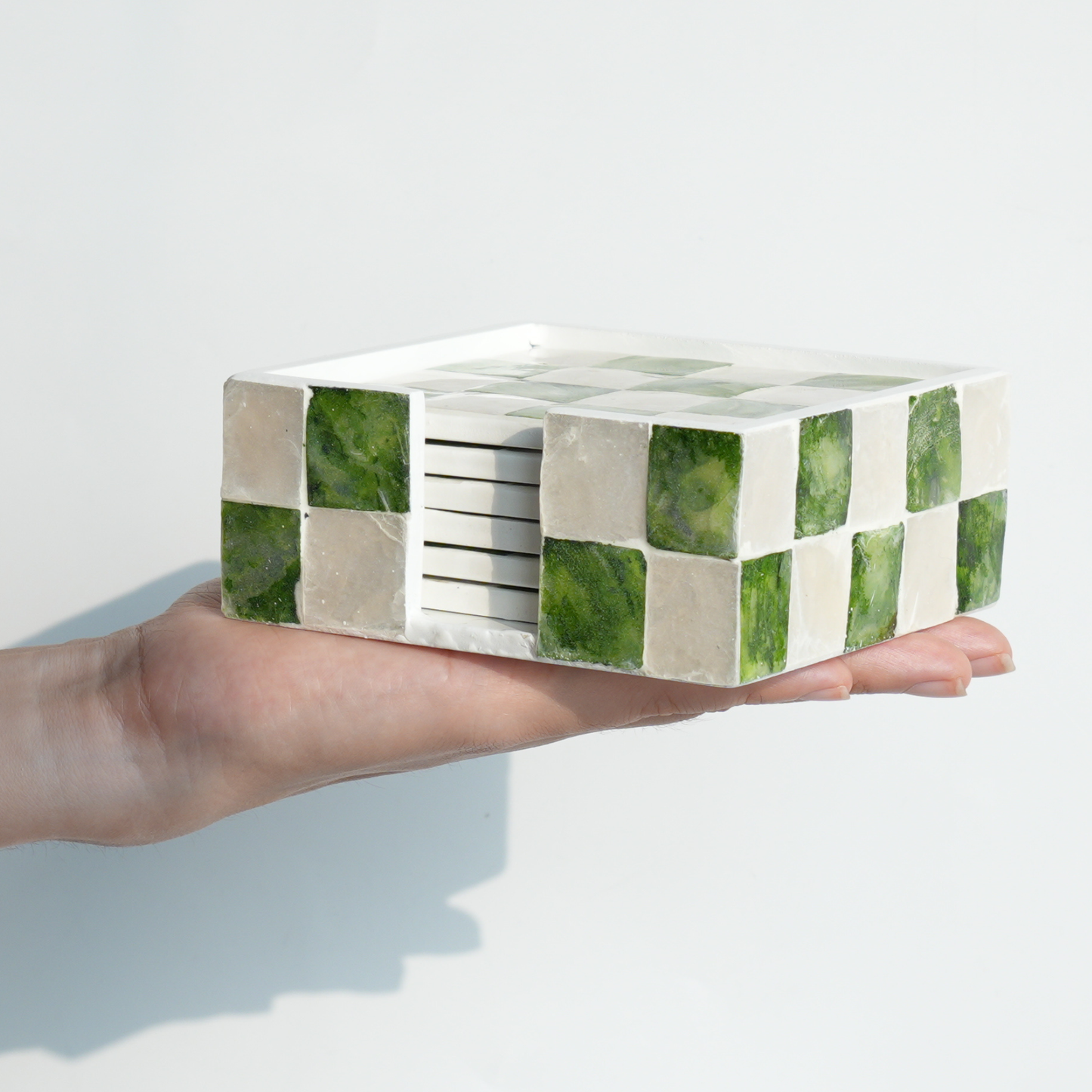 Set of 6 Square Checkered Capiz Shell Coasters with Holder - Pistachio Green