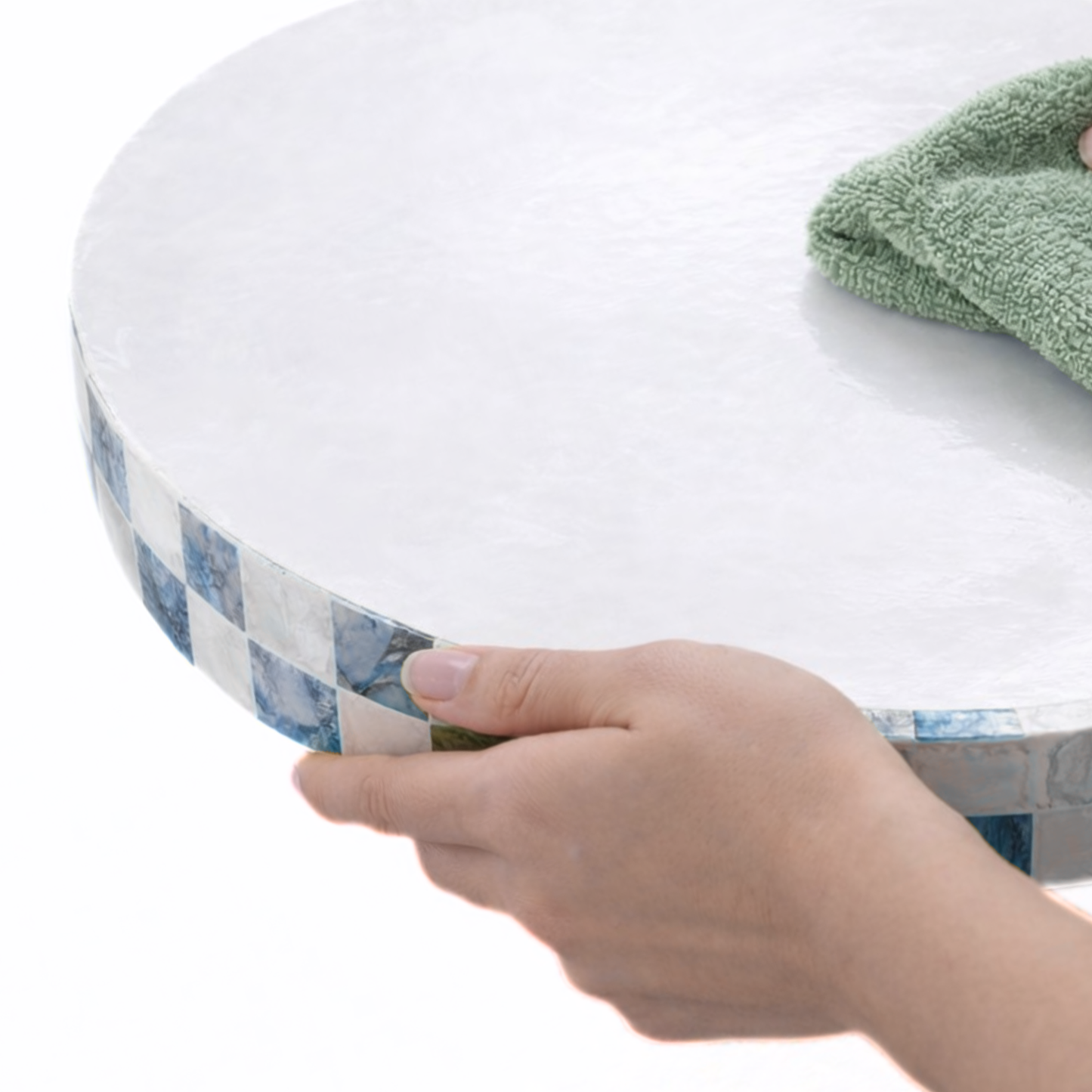 Round Navy Blue Checkered Capiz Shell Tray