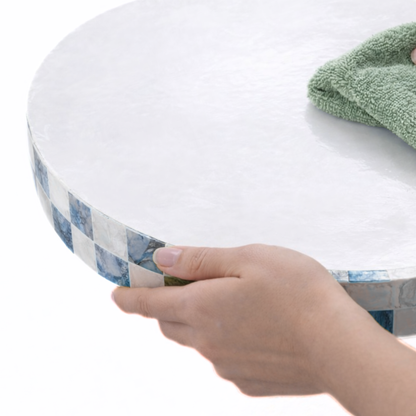 Round Navy Blue Checkered Capiz Shell Tray