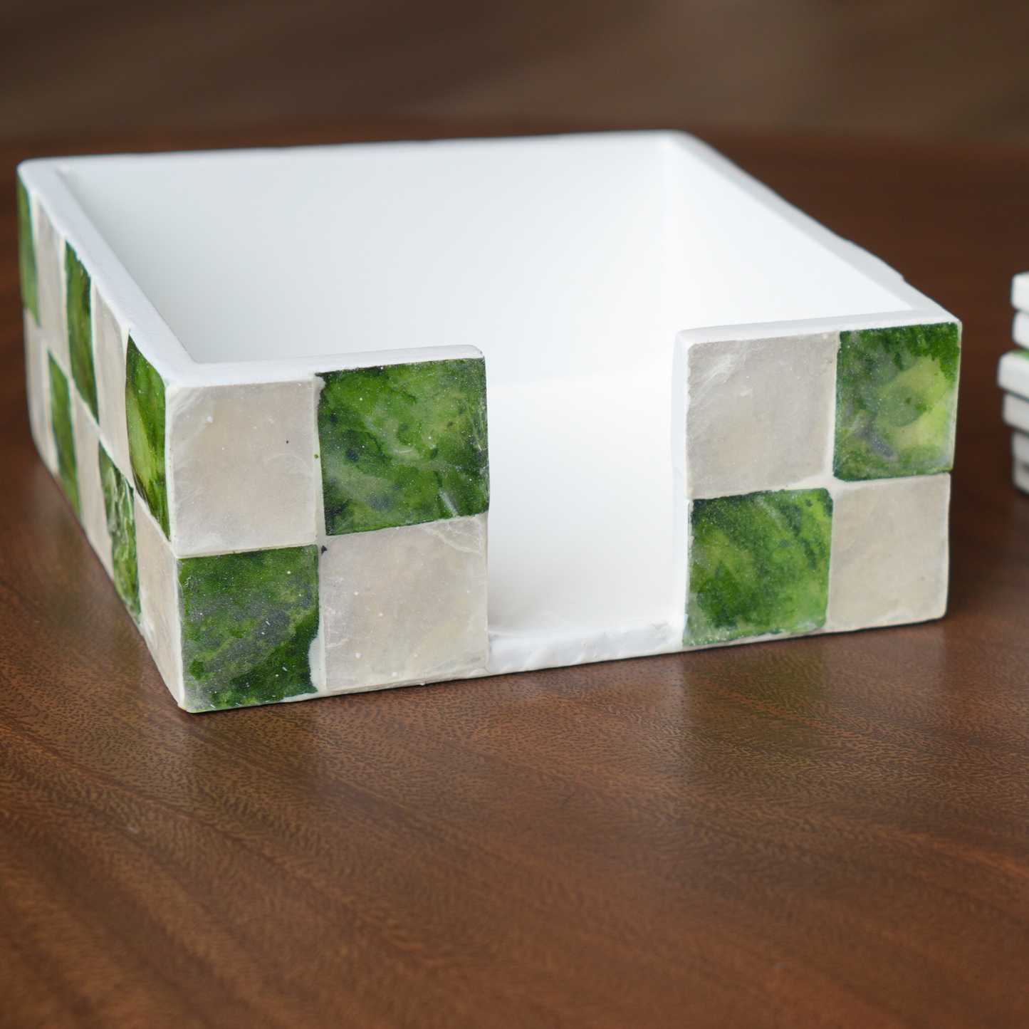 Set of 6 Square Checkered Capiz Shell Coasters with Holder - Pistachio Green