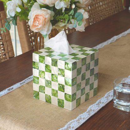 Capiz Shell Square Tissue Box Cover Ivory Checkered