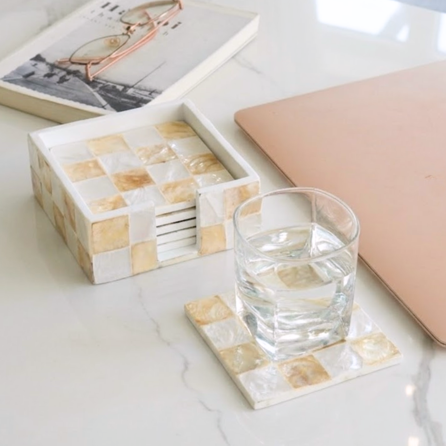 Set of 6 Capiz Checkered Square Coasters with Holder - Ivory