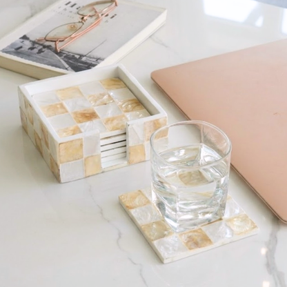 Set of 6 Capiz Checkered Square Coasters with Holder - Ivory