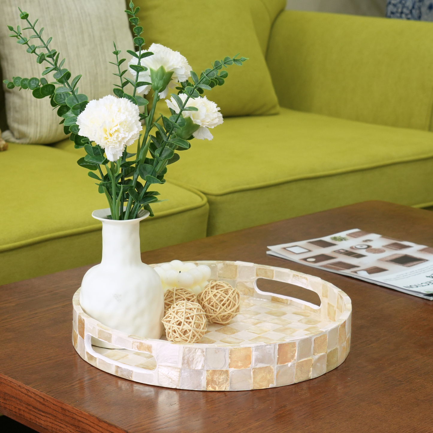Capiz Checkered Decorative Round Tray - Ivory
