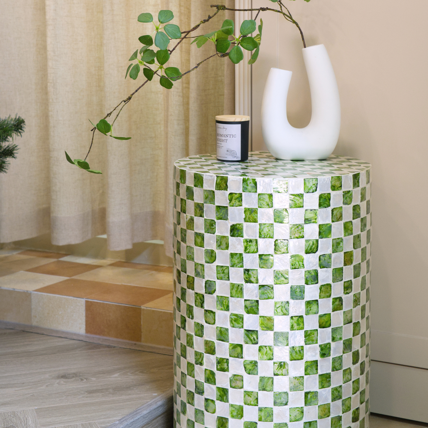 Cylindrical Capiz Shell Side Table - Pistachio Green