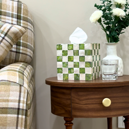 5.9" Checkered Square Tissue Box Cover, Pistachio Green