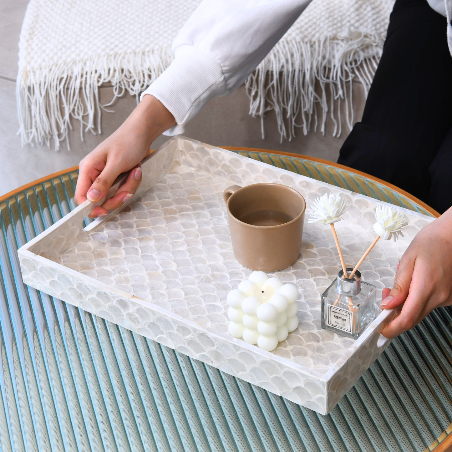 Capiz Fish-scale Rectangular Tray - Off-white