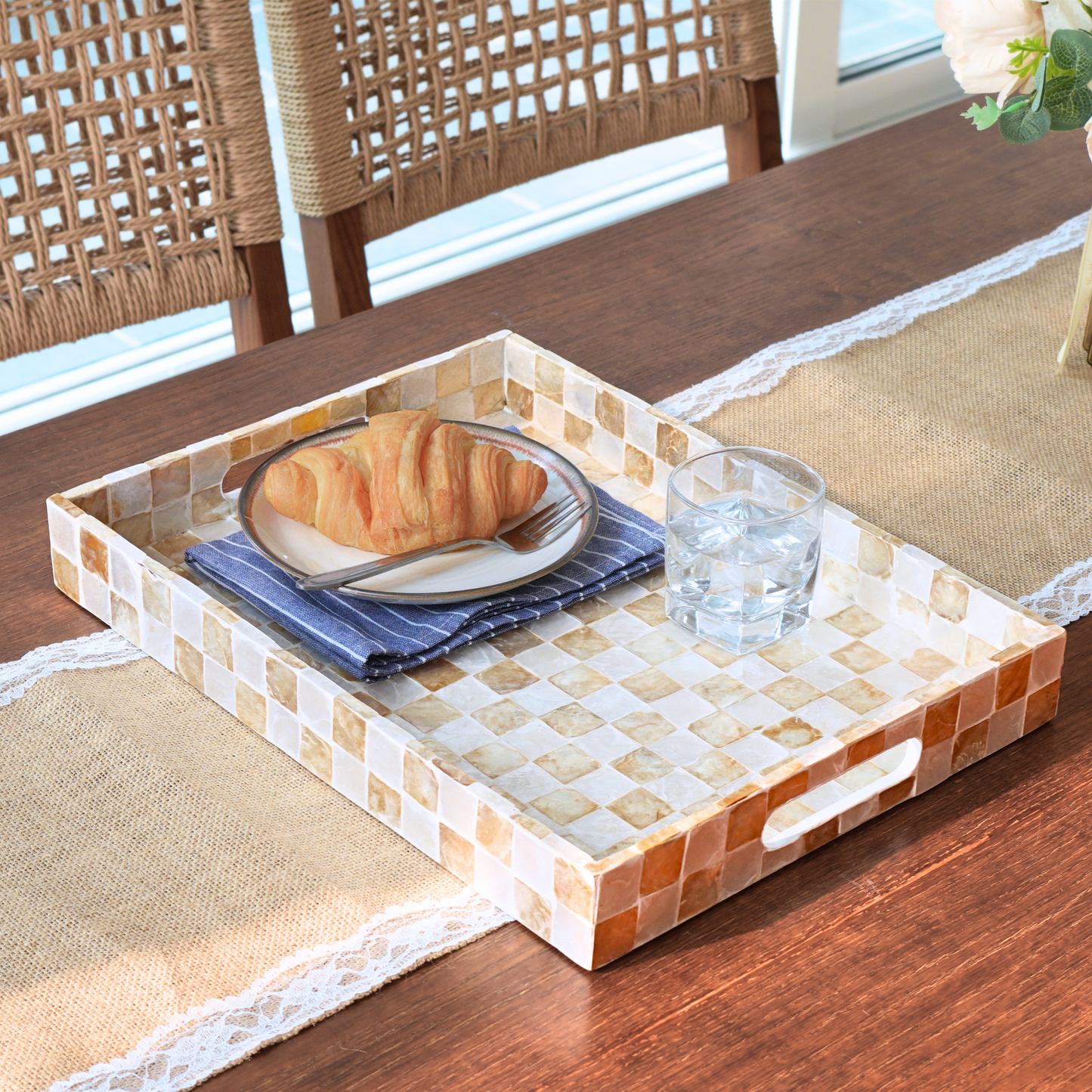 Capiz Shell Rectangular Serving Tray Ivory Checkered